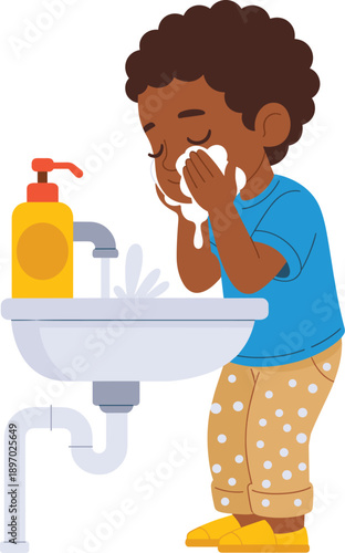 Cute cartoon african-american boy washing face with soap at bathroom sink in modern home interior for personal hygiene skincare routine and health awareness presentations children's education and fami