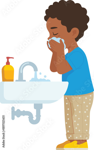 Young boy washing face with water in bathroom sink to maintain hygiene and cleanliness cartoon illustration for health and wellness educational materials personal care routine promoting good habits an