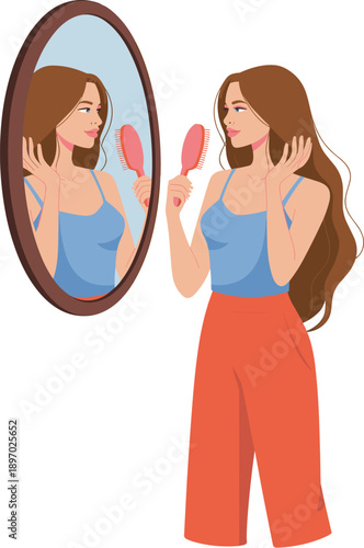Beautiful brunette woman brushing long hair in front of oval mirror reflection with pink hairbrush illustration for beauty salon advertisement modern feminine style personal care and wellness concept