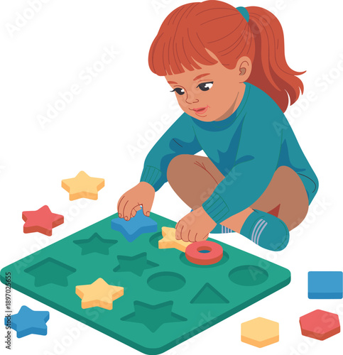 Cute toddler girl playing educational shape sorting puzzle toy for early childhood development in preschool learning environment helps kids with cognitive skills and problem solving abilities early ed