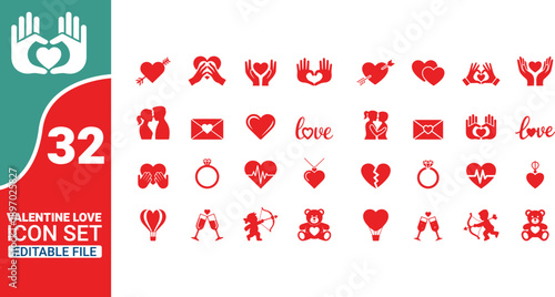 Valentine s day icon set featuring hearts gifts and romantic symbols in red hues