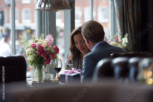 Romantic couple on a date in a restaurant with flowers and wine. Man giving a gift box to a smiling woman. Anniversary celebration