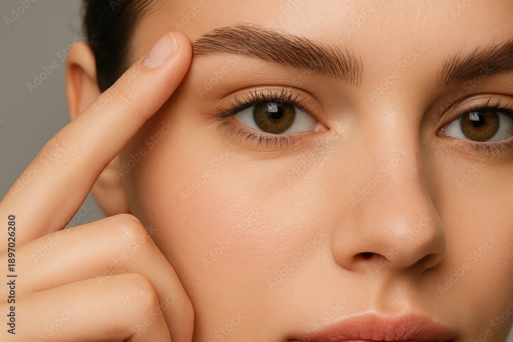 Obraz premium Close-up of woman touching eyebrow showing skincare and grooming concept on neutral background with natural makeup and healthy complexion. Ai generative