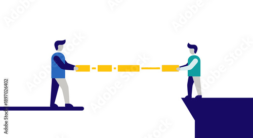 Teamwork and Partnership Concept. Two men building a yellow digital chain link across a gap, symbolizing connection, collaboration, and overcoming obstacles.
