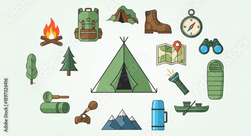 Camping Gear Collection Flat Design Icons.