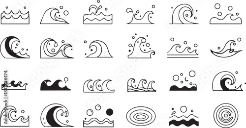 Collection of Minimalist Linear Water Wave Icons and Ocean Ripple Symbols for Nautical Surfing and Marine Environment Design Projects