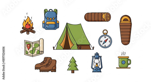 Camping Gear Icons Collection Outdoor Adventure Equipment.