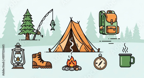 Camping Gear Icons Set Outdoor Adventure Elements.