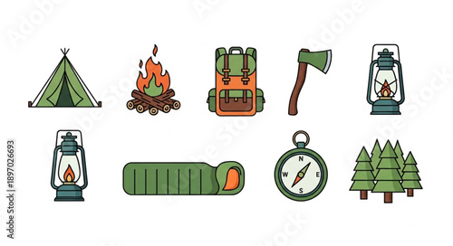Camping Gear Icons Set Outdoor Adventure Equipment Collection.
