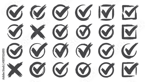 Check tick mark icon set. Cross box x check mark checkbox v list vector draw hand drawn sketch doodle brush marker checklist symbol wrong right circle. Vector Illustration