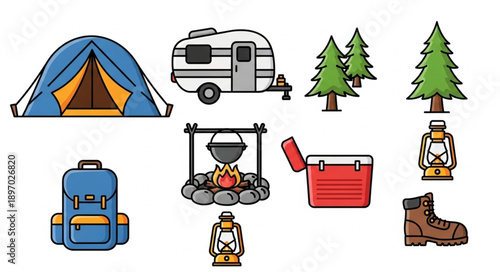 Camping Gear Icons Set Outdoor Adventure Equipment Collection.
