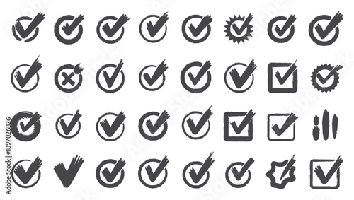 Check tick mark icon set. Cross box x check mark checkbox v list draw hand drawn sketch doodle brush marker checklist symbol wrong right circle. Illustration 