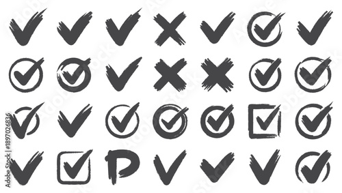 Check tick mark icon set. Cross box x check mark checkbox v list vector draw hand drawn sketch doodle brush marker checklist symbol wrong right circle. Vector Illustration