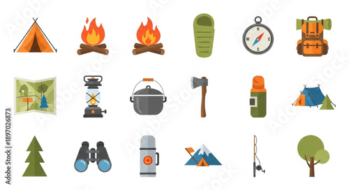 Camping Gear Icons Set Outdoor Adventure Equipment.
