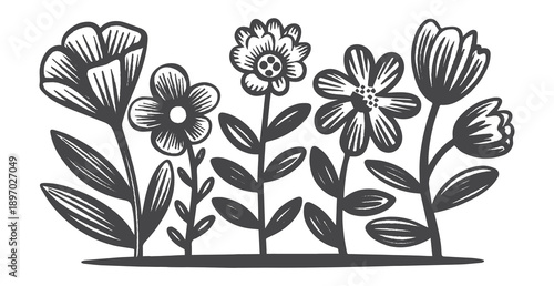 A collection of delicate wildflowers illustrated in a black and white style