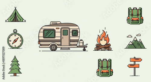 Camping Icons Set Featuring Caravan Tent Compass Fire and Backpack.