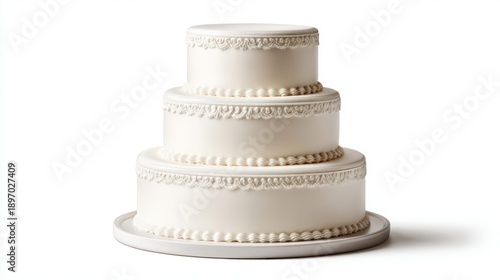 Elegant three-tiered white wedding cake with delicate frosting details on a white background