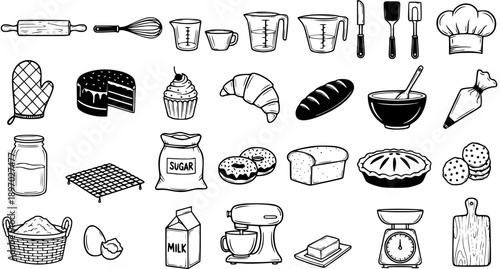 Black and White Line Art Baking and Cooking Tools and Ingredients Set. Hand-drawn Food and Bakery Equipment Icons for Patisserie and Kitchen Themes.