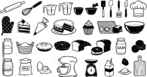 Baking and Cooking Line Art Icons: Utensils, Cakes, Bread, and Ingredients for Food Industry