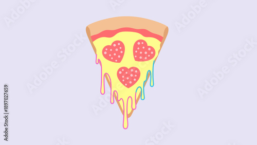 A whimsical cartoon illustration of a pizza slice with heart-shaped pepperoni and colorful dripping cheese on a light purple background.