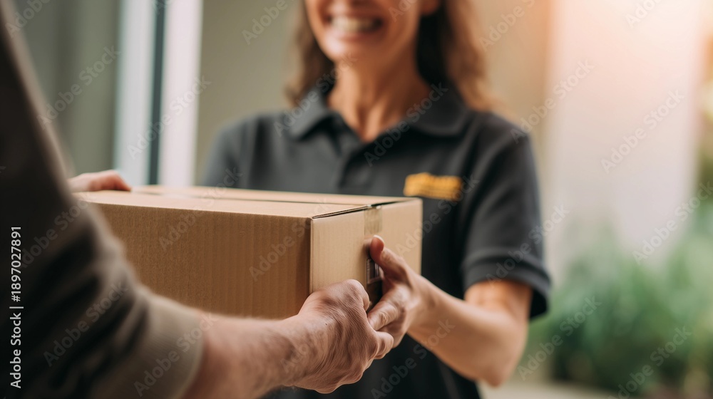 Naklejka premium Hands of courier hold cardboard box to smiling customer,E-commerce express logistics theme