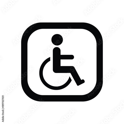 Black and white icon of a person in a wheelchair on a, symbolizing accessibility and disability awareness