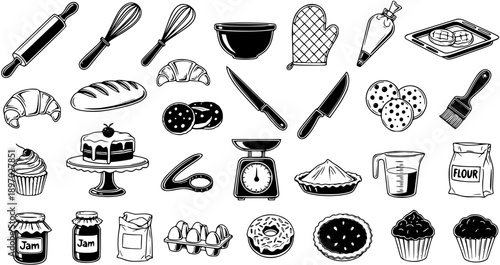 Food Industry Baking Utensils and Baked Goods Black and White Line Art Icons Set. Monochrome Kitchen Tools and Dessert Elements.