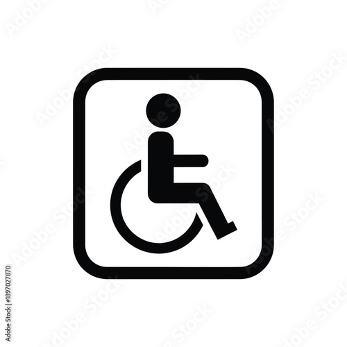 Black and white icon of a person in a wheelchair on a used for accessibility signs and symbols