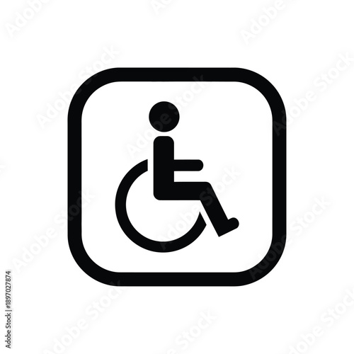 Black and white icon of a person in a wheelchair on a, symbolizing accessibility and disability awareness
