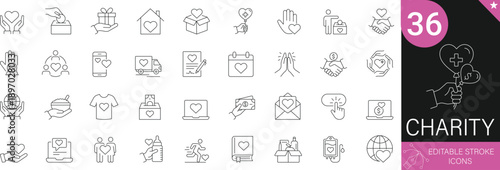 Charity Icons Set. Includes Donation, Heart, Care, Volunteer, Support, Fund, and Community Symbols. 36 Professional Line Icons with Editable Stroke. Perfect for NGO and Social Welfare Projects.