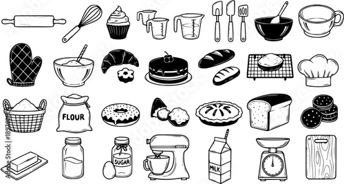Black and White Line Art Vector of Baking Equipment and Pastries for Food Industry
