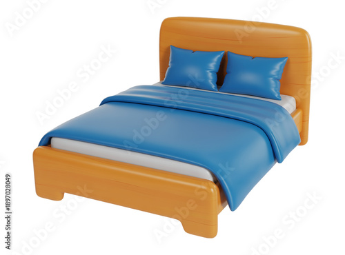 3D Model of Bed with Soft Blue Bedding and Matching Pillows for Comfortable Sleep