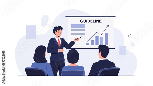 Business meeting: Trainer presents growth chart to attentive audience