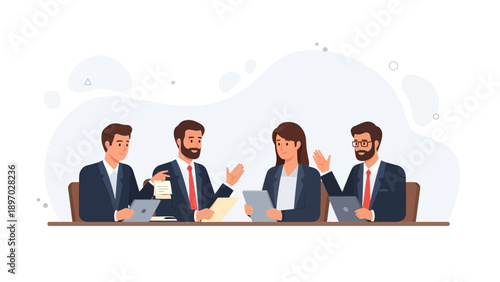 Business meeting with four professionals discussing at a table with tablets.