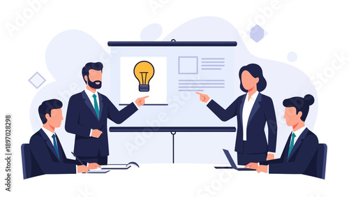 Business meeting with lightbulb idea on presentation screen
