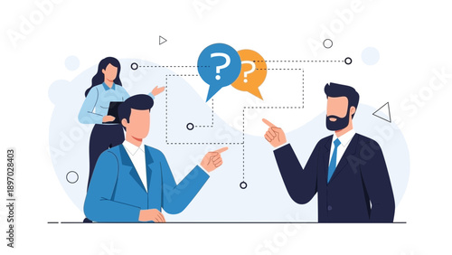 Business meeting with question marks, problem solving, strategy, teamwork, communication