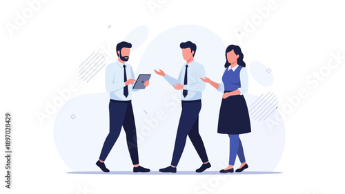 Business meeting with tablet, three professionals collaborating in modern office