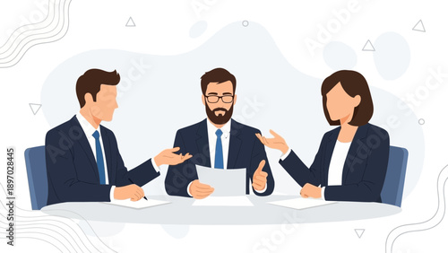 Business meeting with three professionals discussing work at a table, professional illustration.
