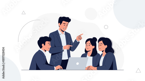 Business meeting with team collaborating around laptop, leader pointing and explaining