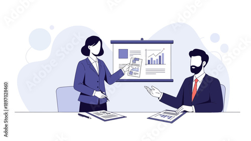 Business meeting: woman presents chart, man listens in office