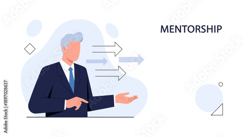Business mentorship concept: businessman guiding growth with arrows