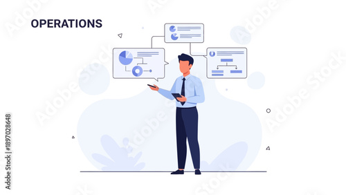 Business Operations Management Concept, Manager Presenting Strategy with Flowchart and Charts
