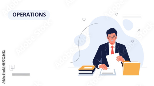 Business Operations Manager Working at Desk with Documents and Folders