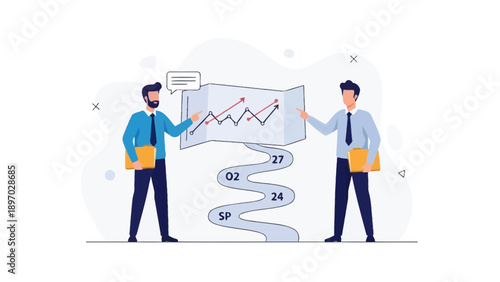 Business people analyzing financial chart on roadmap, strategy and planning concept