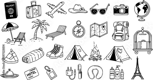 Hand-drawn Black and White Line Art Travel  Tourism Icon Set. Doodle Vacation, Adventure, and Camping Objects Collection for Holiday and Journey Concepts.