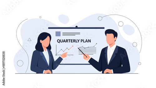 Business people presenting quarterly plan chart on whiteboard