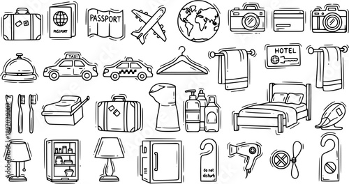 Black and White Line Art Icons Set for Hotel and Travel Industry - Passport, Luggage, Taxi, Bed, Camera