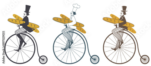 An elegant man, a chef, carries baguettes on a retro bicycle. A set for your design.