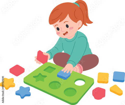 Cute red-haired girl playing with colorful shape sorting puzzle educational toy developing hand eye coordination logical thinking early learning activity for kindergarten preschool children developmen