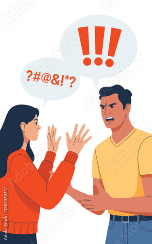 Angry couple arguing with exclamation points and symbols in speech bubbles conflict disagreement shouting frustrated relationship problems communication breakdown interpersonal issues for family couns